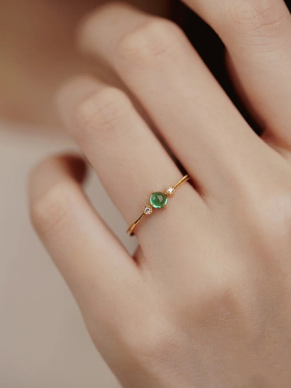 STMG Natural Green Chalcedony Adjustable Ring on finger