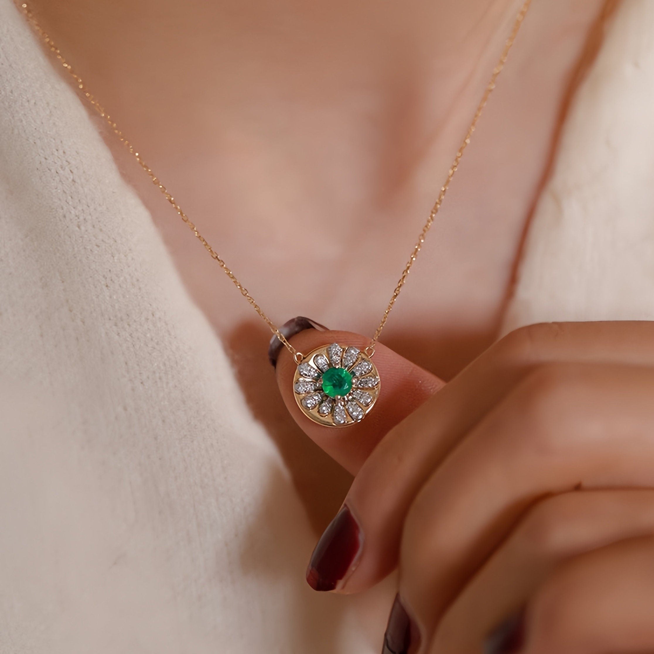 STMG Green Emerald Sun Disk Necklace